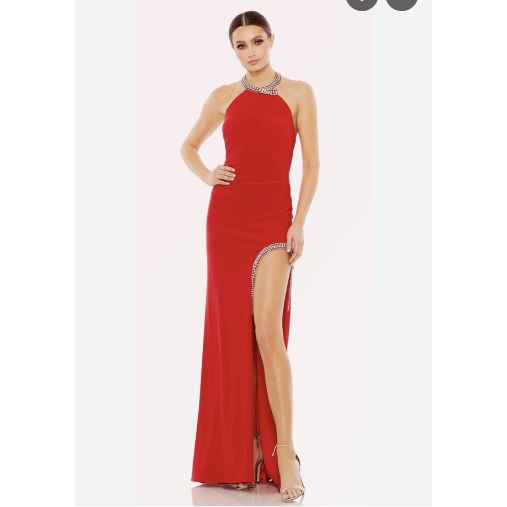 NWT Ieena for Mac Duggal Gown 2 Red Rhinestone Halter Slit Evening Dress 26533